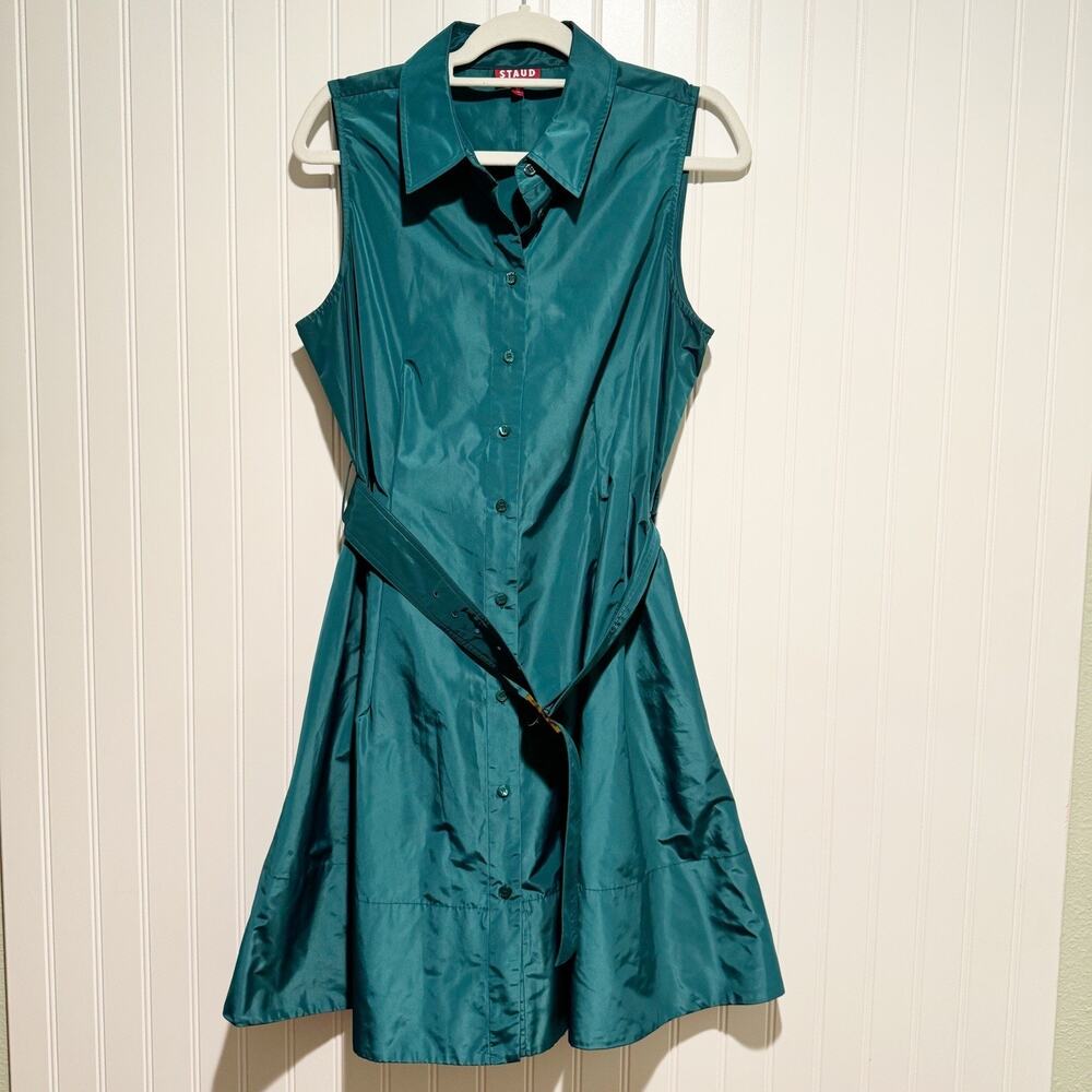 Staud Jolene Belted Taffeta Shirt Dress Coastal Green Spring Classic Size 10 - Picture 2 of 8